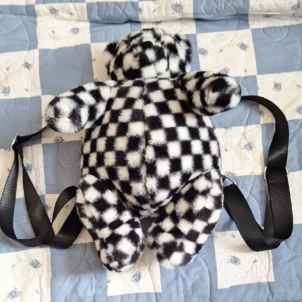 dELiA*s Black Plush Bear Backpack Checkerboard Black White